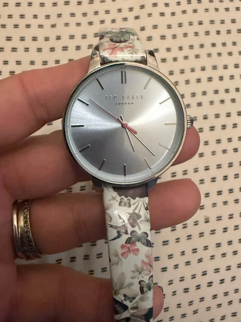 Ted Baker Silver Dial Watch with White Floral Strap